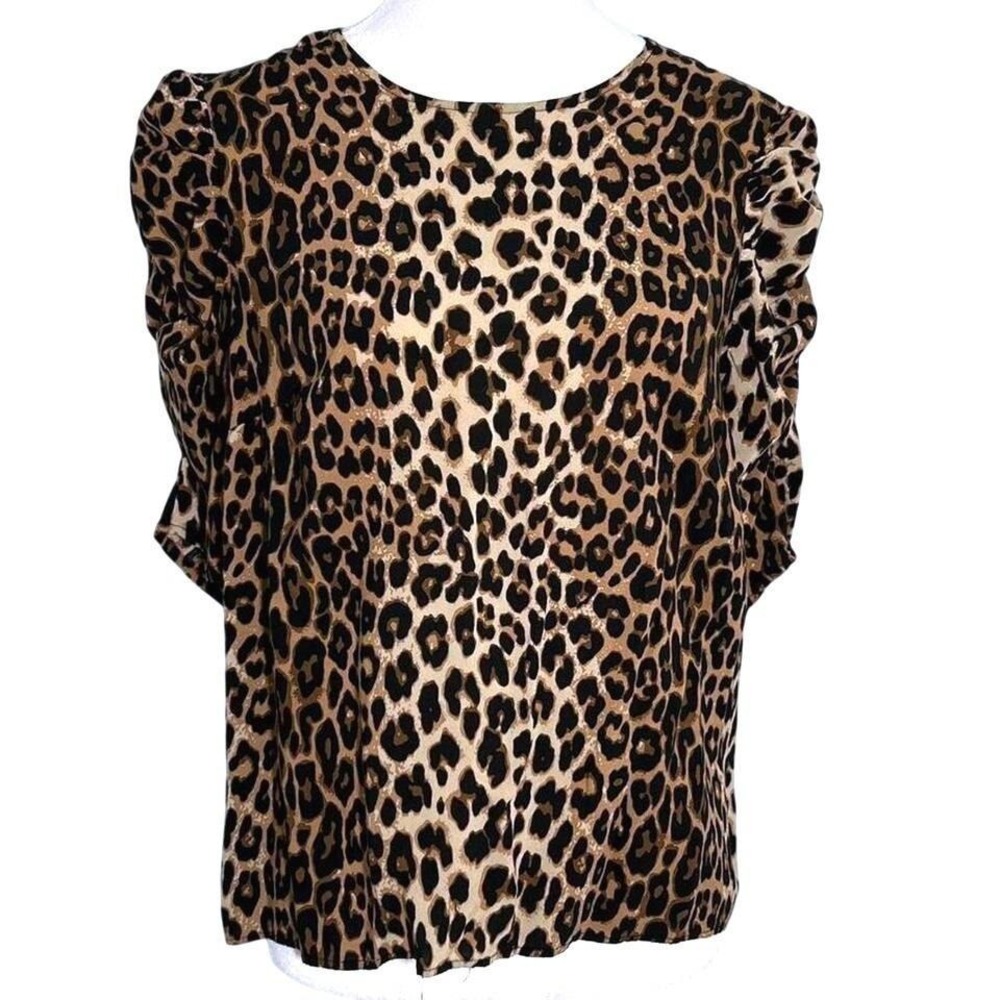 H&M Womens Leopard Print Puff Sleeve Blouse Brown Black‎ Medium Ruched Top
